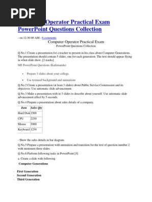 Computer Operator Practical Exam Powerpoint Questions Collection Microsoft Power Point Office Equipment