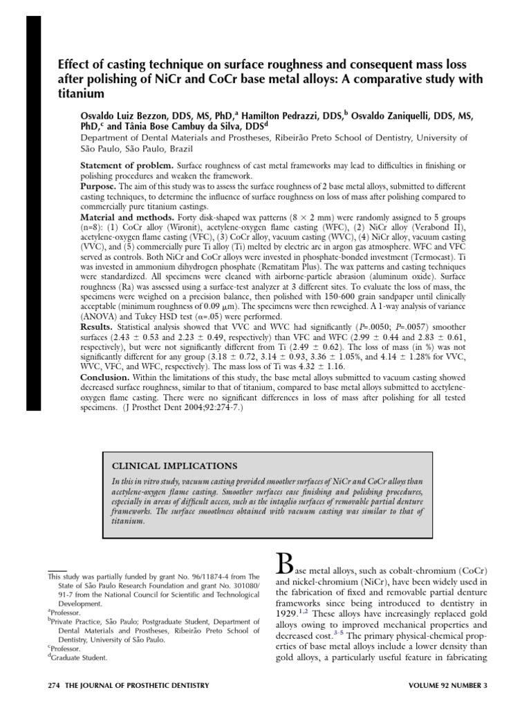 Surface Roughness in Metal Casting Techniques | PDF | Titanium | Dental ...