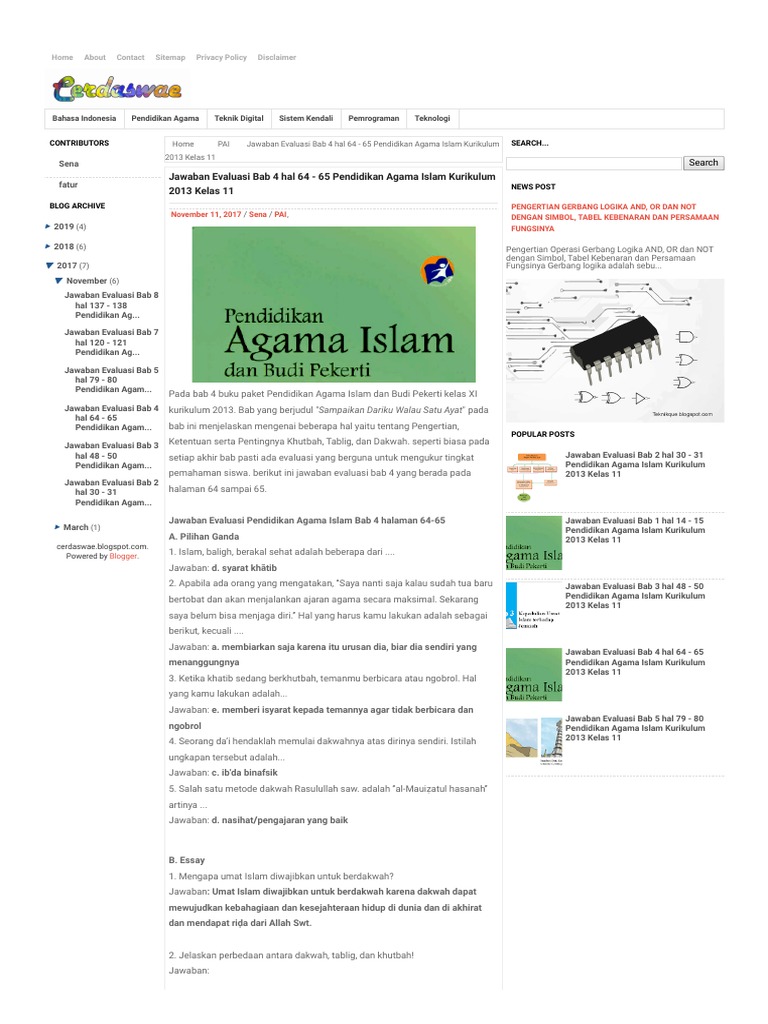 Jawaban Evaluasi Bab 4 Hal 64 65 Pendidikan Agama Islam Kurikulum 2013 Kelas 11 Cerdaswae Tempat Berbagi Ilmu