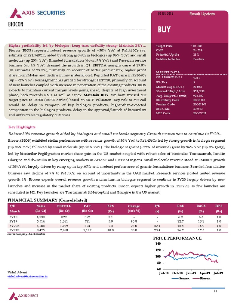 Biocon - Q1FY20 - Result Update - 30072019 - 31-07-2019 - 08 | PDF ...