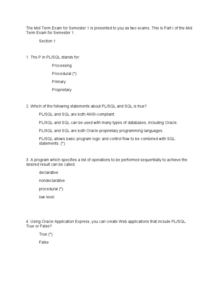 The Mid Term Exam For Semester 1 Is Presented To You As Two Exams | PDF ...
