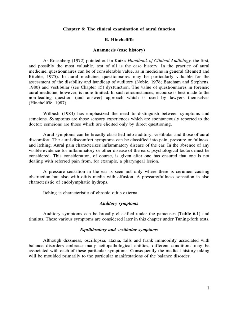 Chapter 6: The Clinical Examination of Aural Function R. Hinchcliffe ...