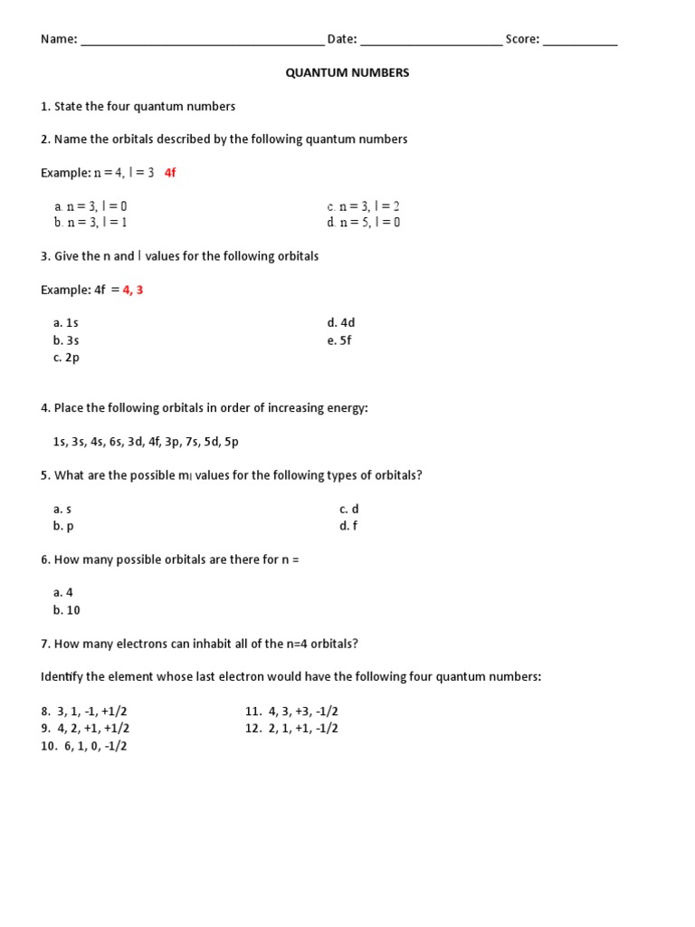 Quantum Numbers Practice Worksheet | PDF