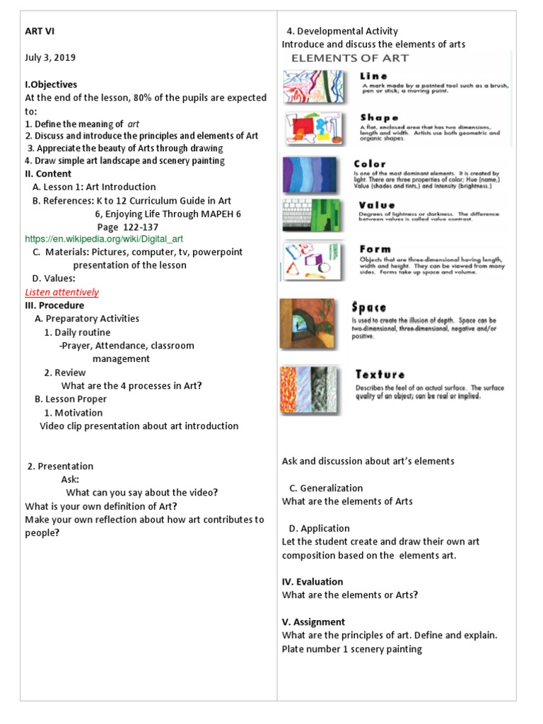 Elements of Art Lesson Plan for Grade 6 | PDF