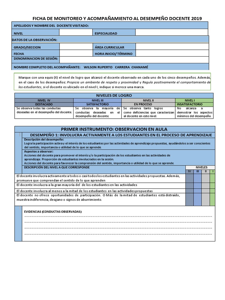 Ficha de Monitoreo y Acompañamiento Al Desempeño Docente 2019 | PDF ...