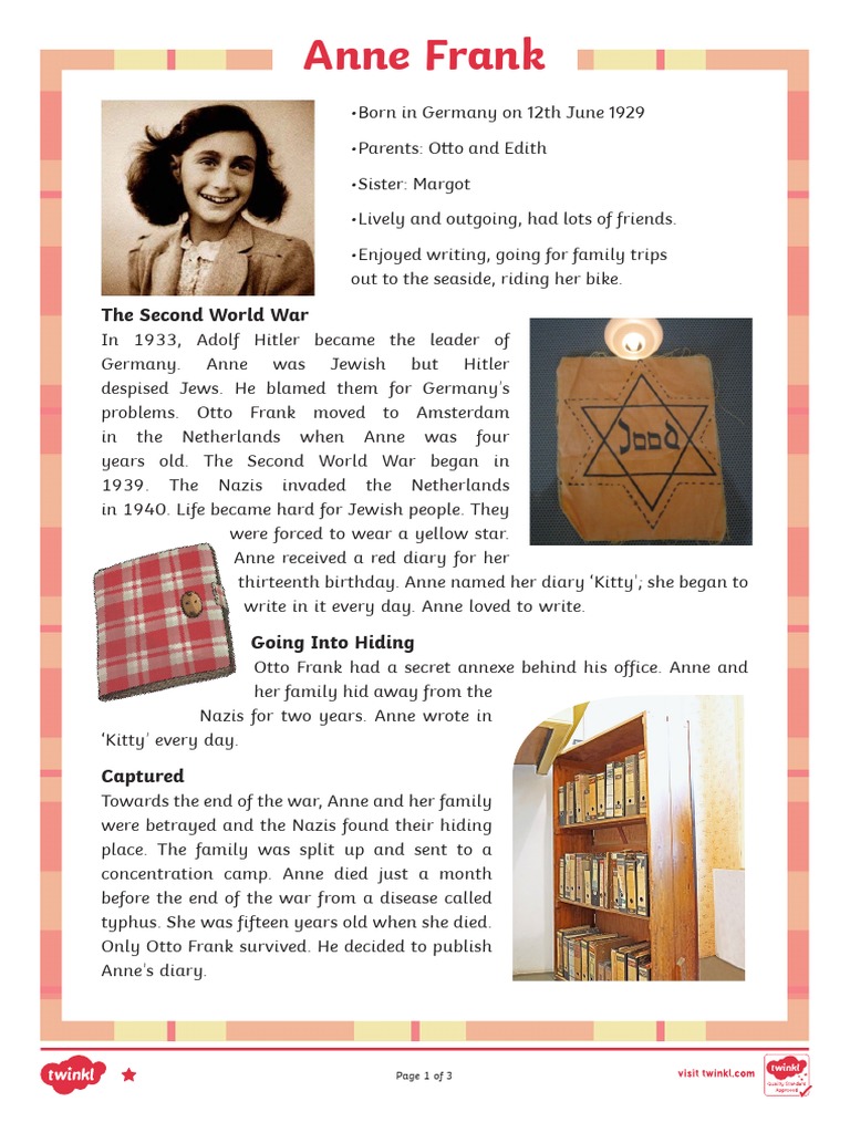 T2 E 3096 Anne Frank Differentiated Reading Comprehension Activity Ver 3 | PDF | Anne Frank | Violence for Anne Frank Free Printable Worksheets