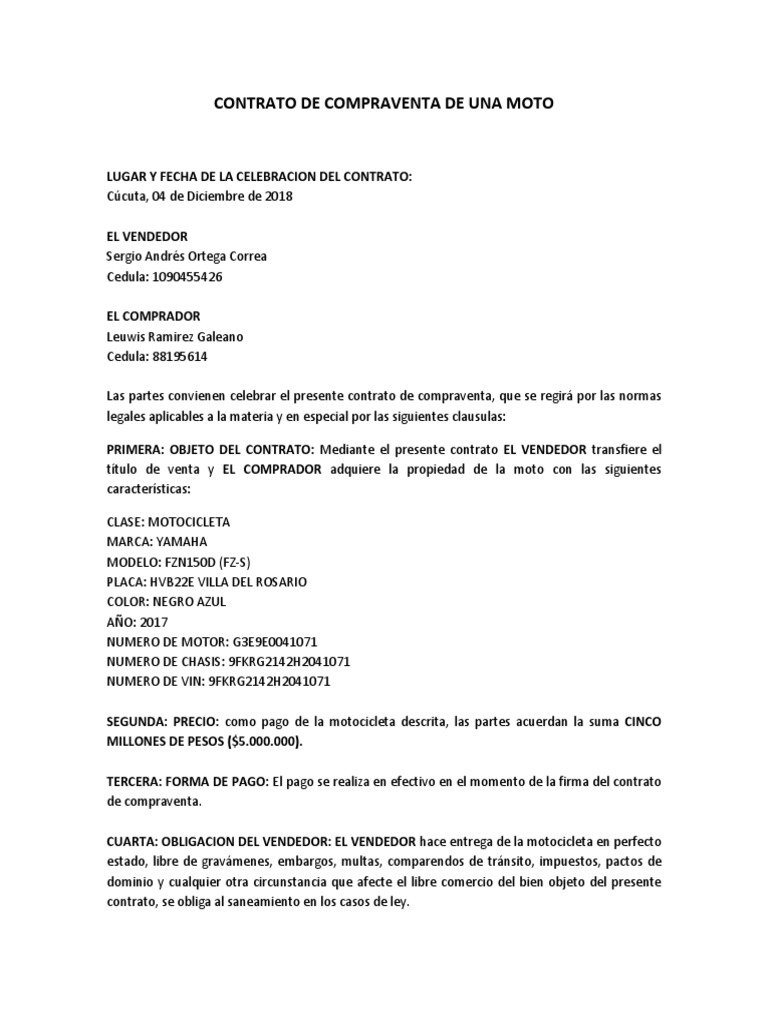 Contrato de Compraventa de Una Moto FZ | PDF