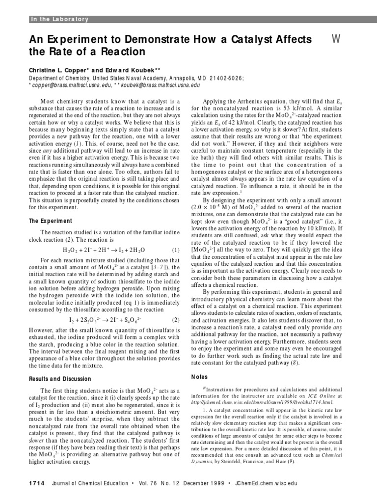 An Experiment To Demonstrate How A Catalyst Affects The Rate of A