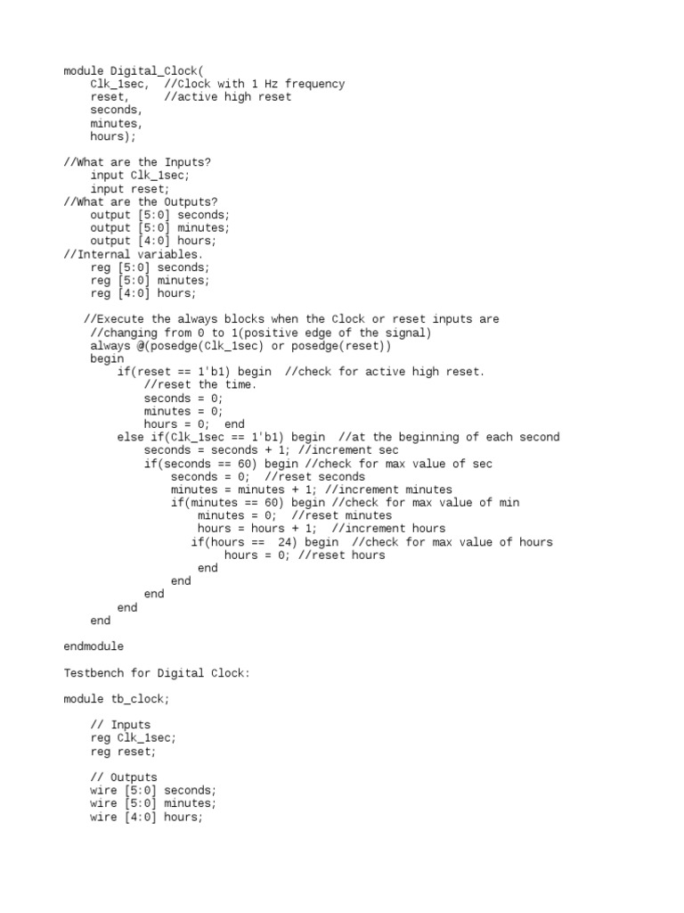 Verilog Digital Clock Module Code | PDF