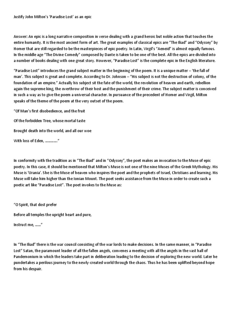 Paradise Lost As An Epic PDF Epic Poetry Paradise Lost