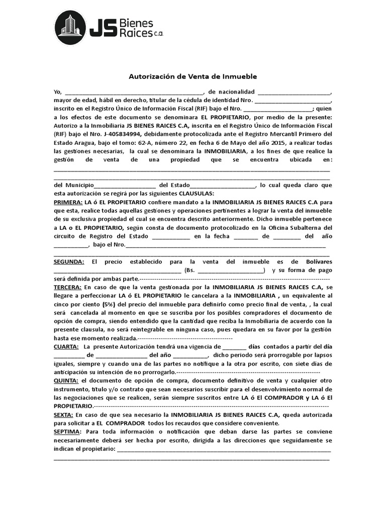 Autorizacion Sin Exclusividad Yo Pdf Propiedad