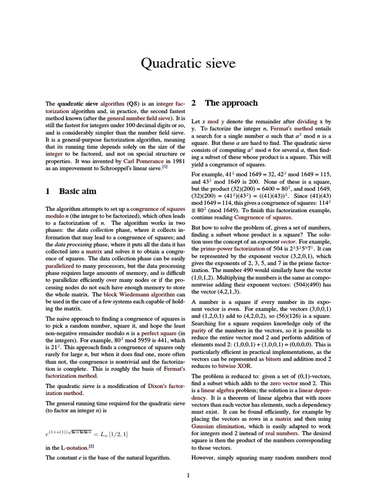 Quadratic Sieve Algorithm Overview | PDF | Factorization | Abstract Algebra