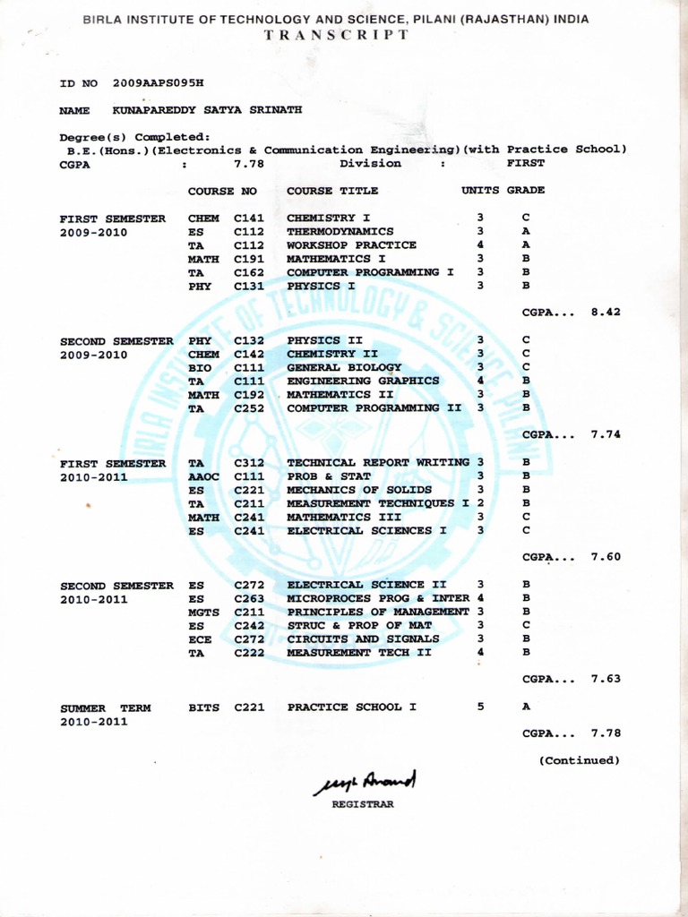 BITS Transcipts Srinath PDF | PDF