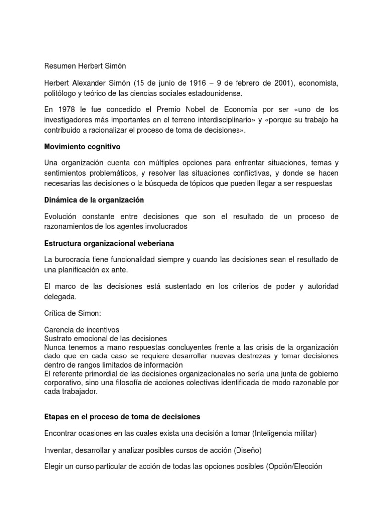 Aportes de Herbert Simon a la Toma de Decisiones | PDF | Racionalidad ...