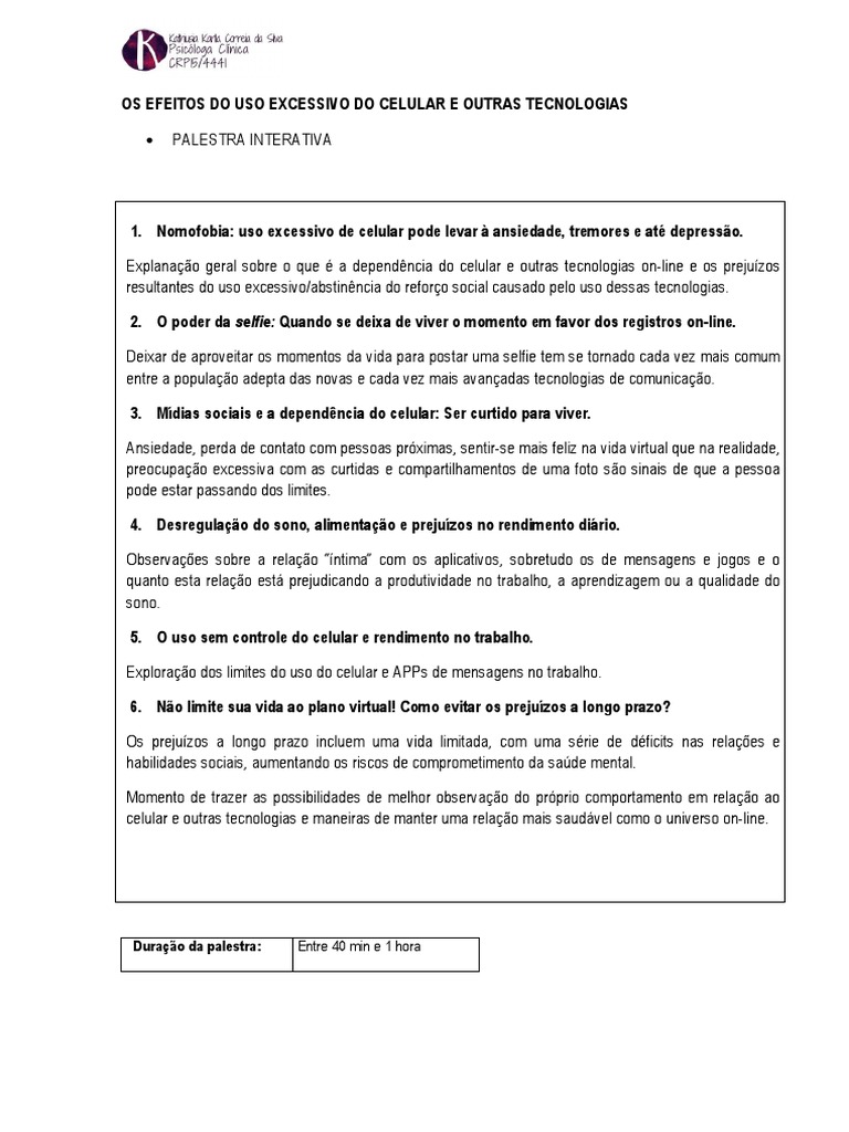 Os Efeitos Do Uso Excessivo Do Celular e Outras Tecnologias | PDF