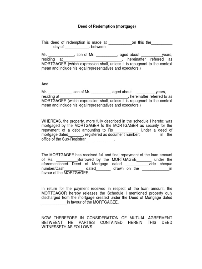 Deed of Redemption for Mortgage Release | PDF | Mortgage Law | Real ...