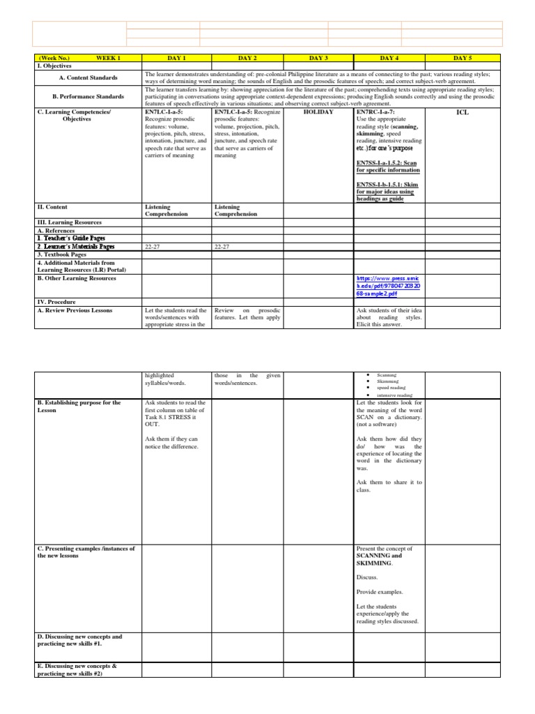 Week 1 English Learning Plan | PDF | Stress (Linguistics) | Reading ...