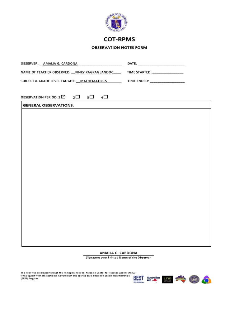 COT-RPMS Observation Notes Form 2024 | PDF