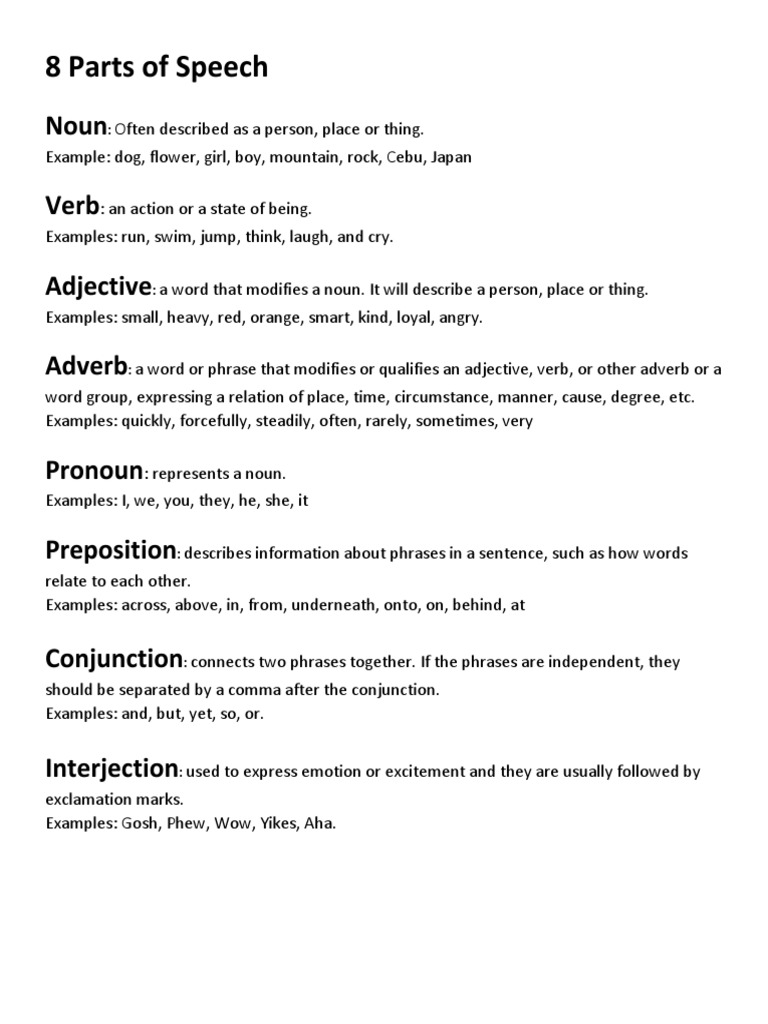 8 Parts of Speech: Noun Verb Adjective Adverb | PDF | Language Arts ...