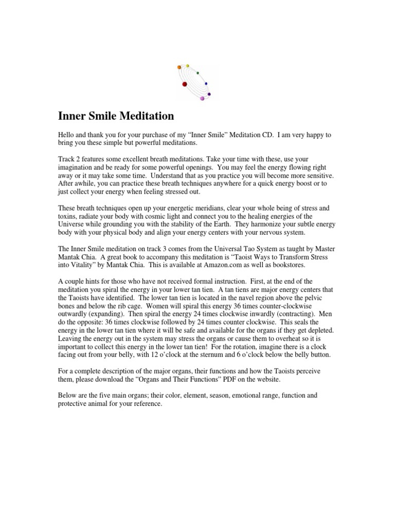 Inner Smile Meditation Techniques | PDF | Mantak Chia | Religion And Belief