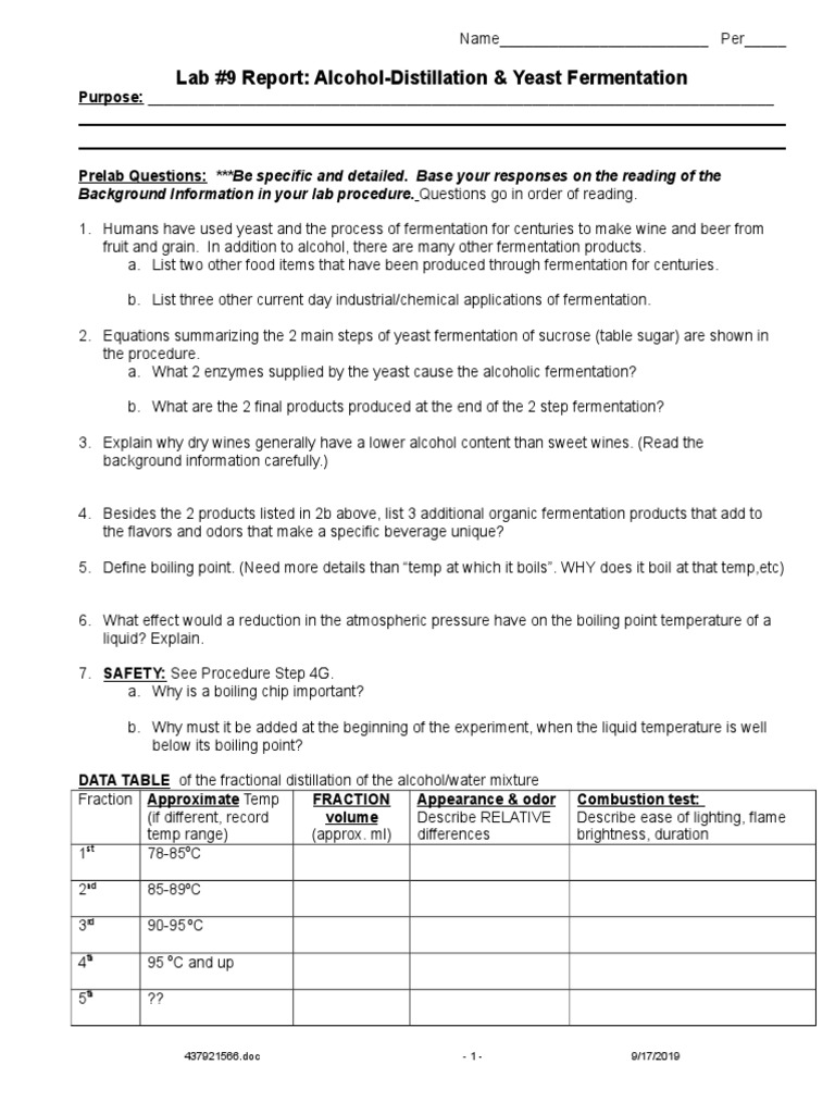 Lab 9 Alcoholdistillation and Yeast Fermentation Lab Report Distillation Ethanol