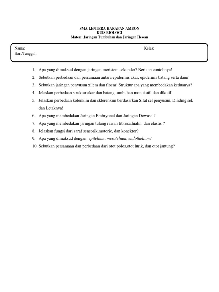 Soal Essay Jaringan Tumbuhan Dan Hewan