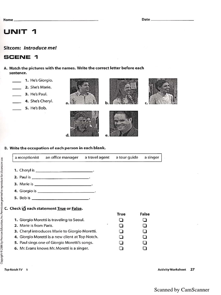 Top Notch 1 TV Activity Worksheets PDF