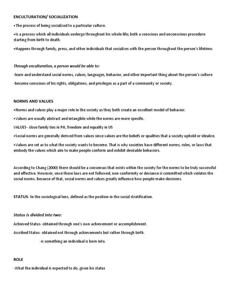 Enculturation/ Socialization: Through Enculturation, A Person Would Be ...