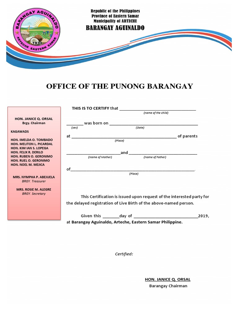 Barangay Certification for Late Birth Registration | PDF