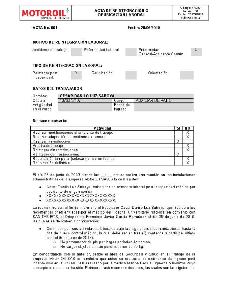 Acta de Reintegro Laboral CESAR LUZ | PDF | Medicina | Business