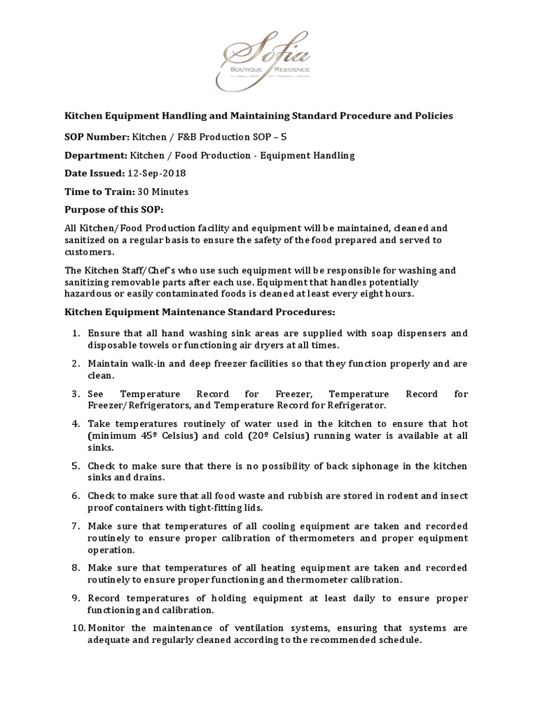 Kitchen Equipment Handling and Maintaining Standard Procedure and