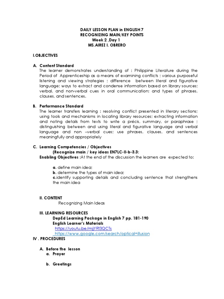 Lesson Plan (Main Idea) PDF Lesson Plan Learning