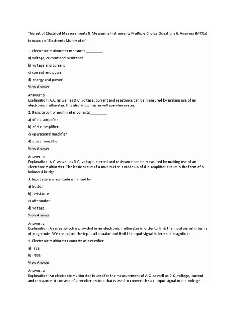 Electronic Multimeter MCQs and Answers | PDF | Electrical Resistance And Conductance | Electric ...