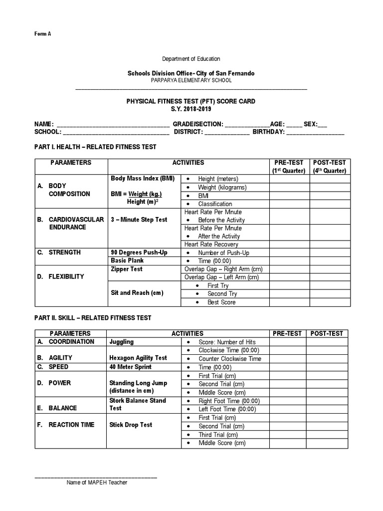 Physical Fitness Test Score Card | PDF | Body Mass Index | Sports