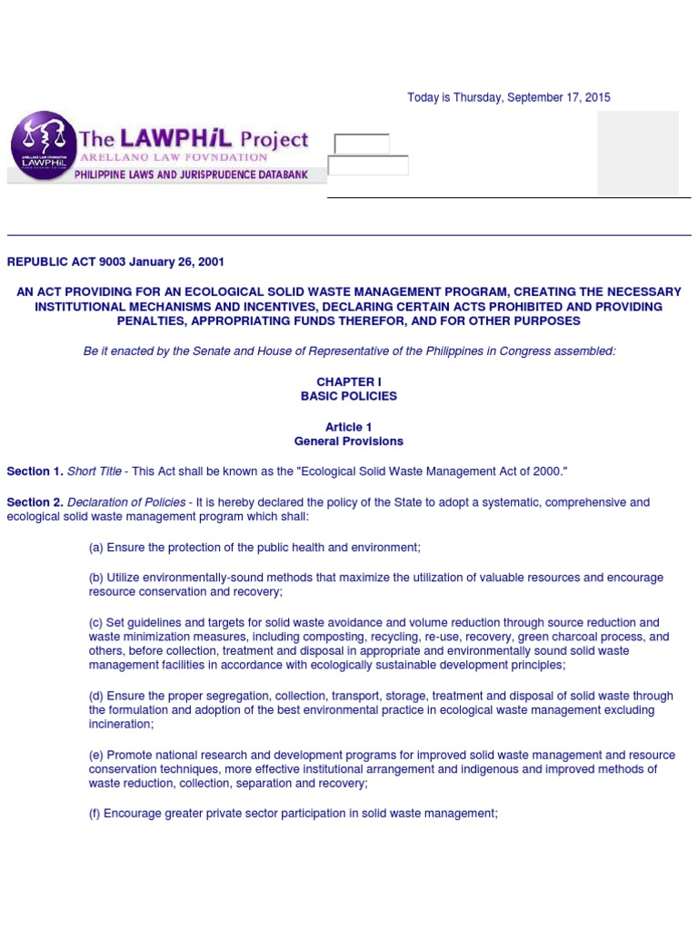 RA 9003 Ecological Solid Waste Management Act of 2009 | PDF | Waste ...