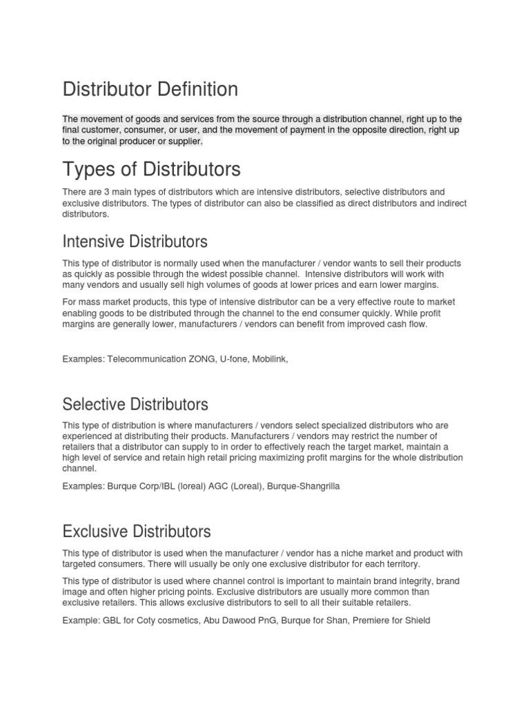 Types of Distributors PDF Retail Business Economics