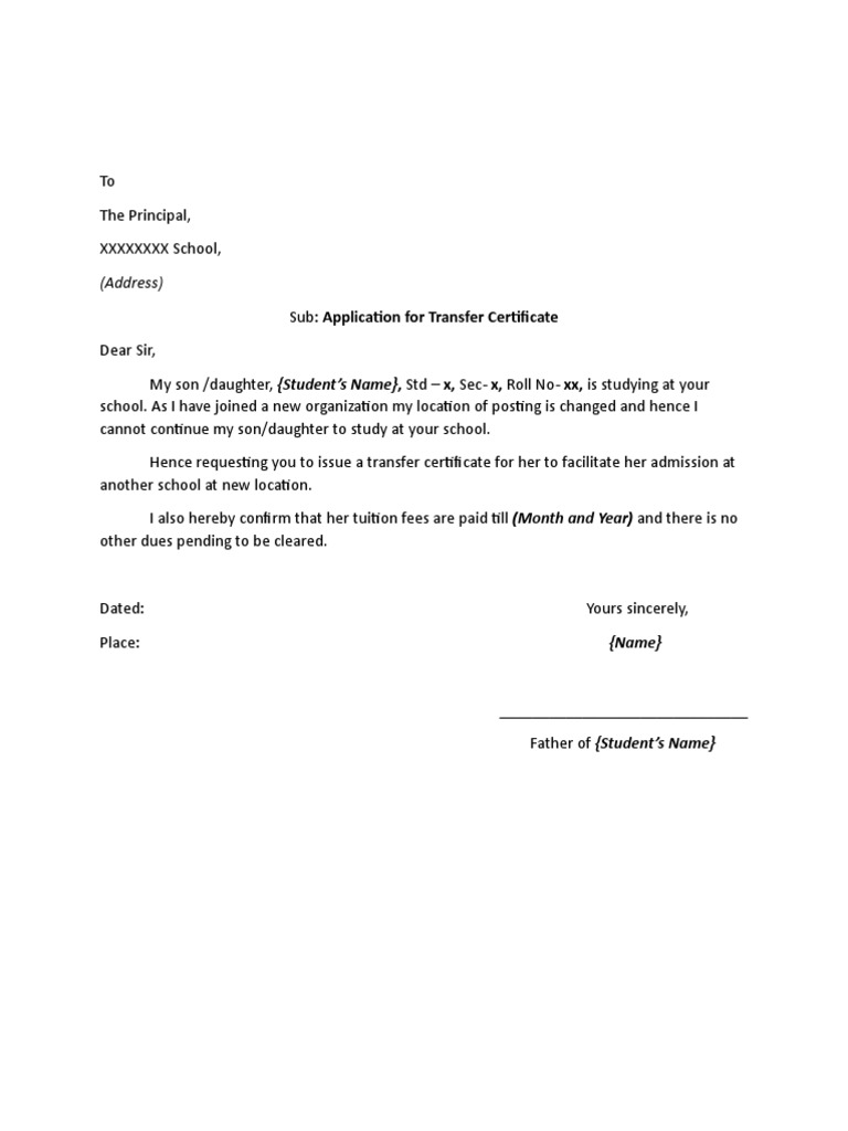 how to write a letter for school transfer certificate