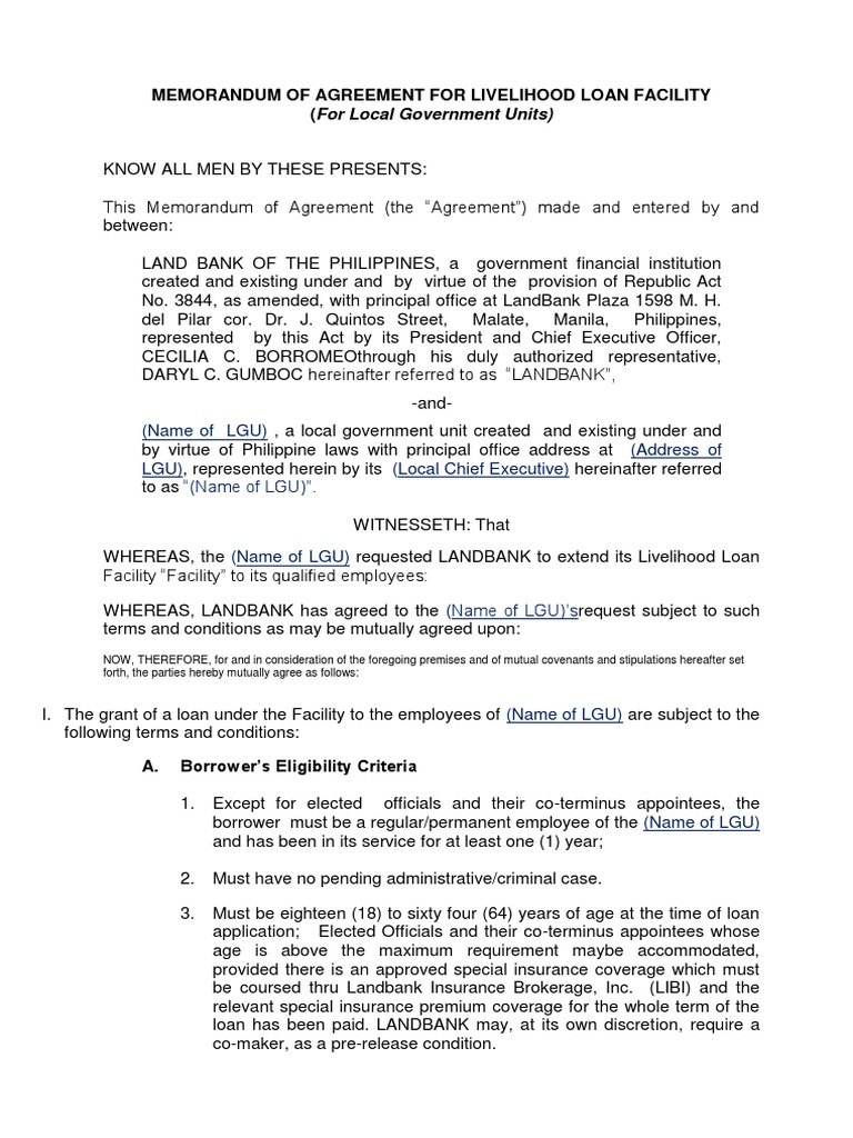 Memorandum Of Agreement For Livelihood Loan Facility PDF Loans 
