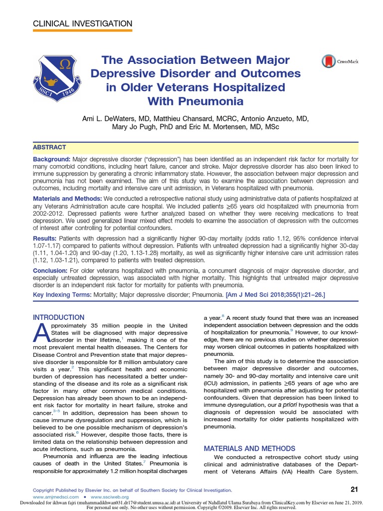 The Association Between Major Depressive Disorder and Outcomes in Older ...