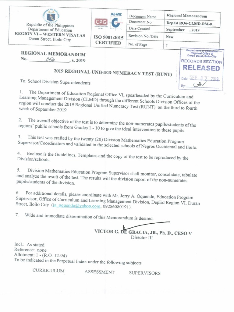 RM No. 256 S. 2019 2019 Regional Unified Numeracy Test RUNT | PDF