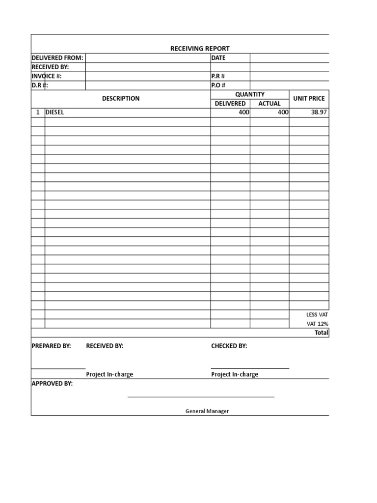 Delivered From: Date Received By: Invoice #: P.R # D.R #: P.O ...