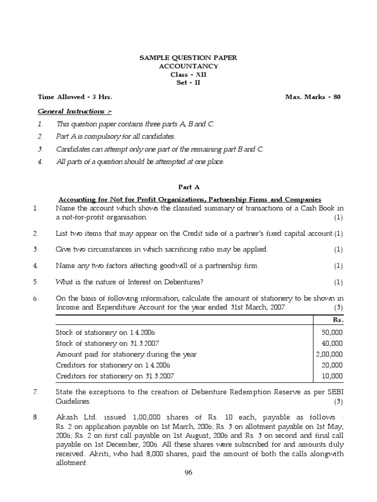 12 Accountancy Sample Paper 2010 02 Book Value Equity (Finance)