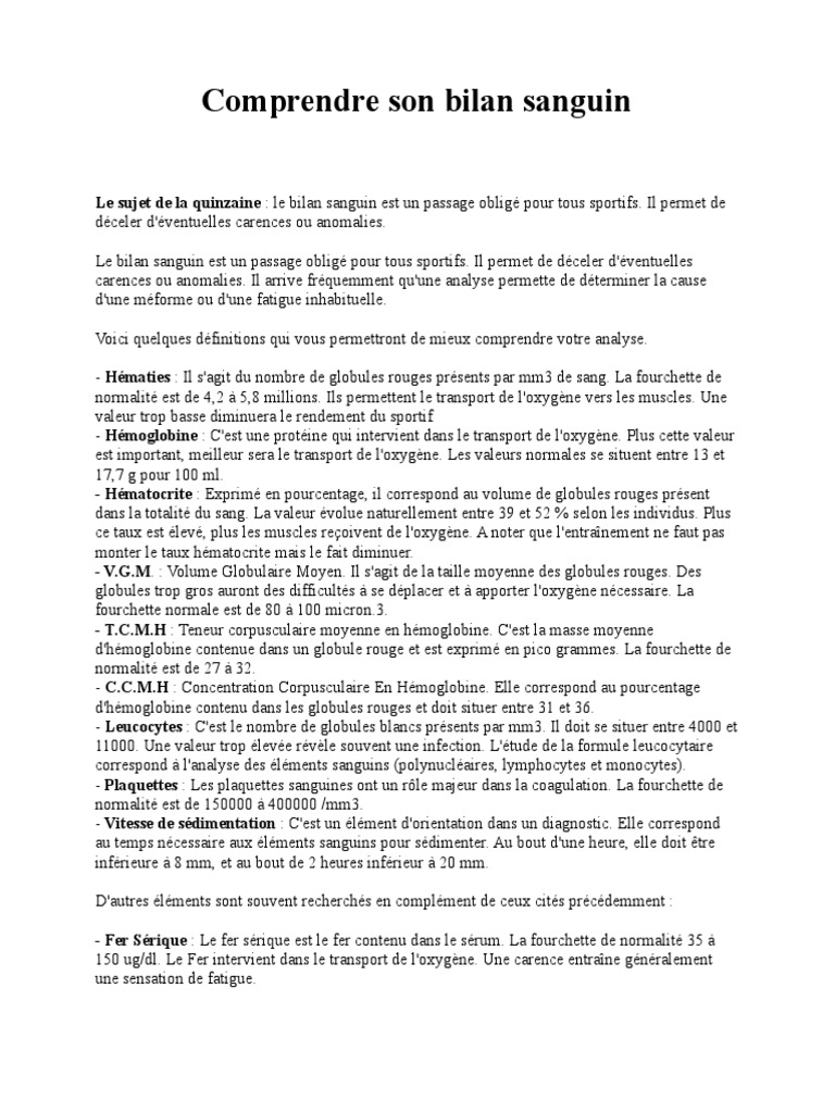 Comprendre son bilan sanguin sportif PDF Globule blanc Cholestérol — free download