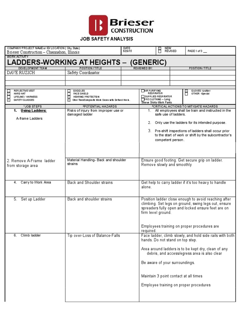 JSA Ladders Working at Heights 001 PDF Personal Protective Equipment Prevention