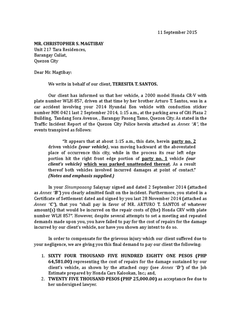 Final Demand for Car Accident Damages | PDF | Common Law | Justice