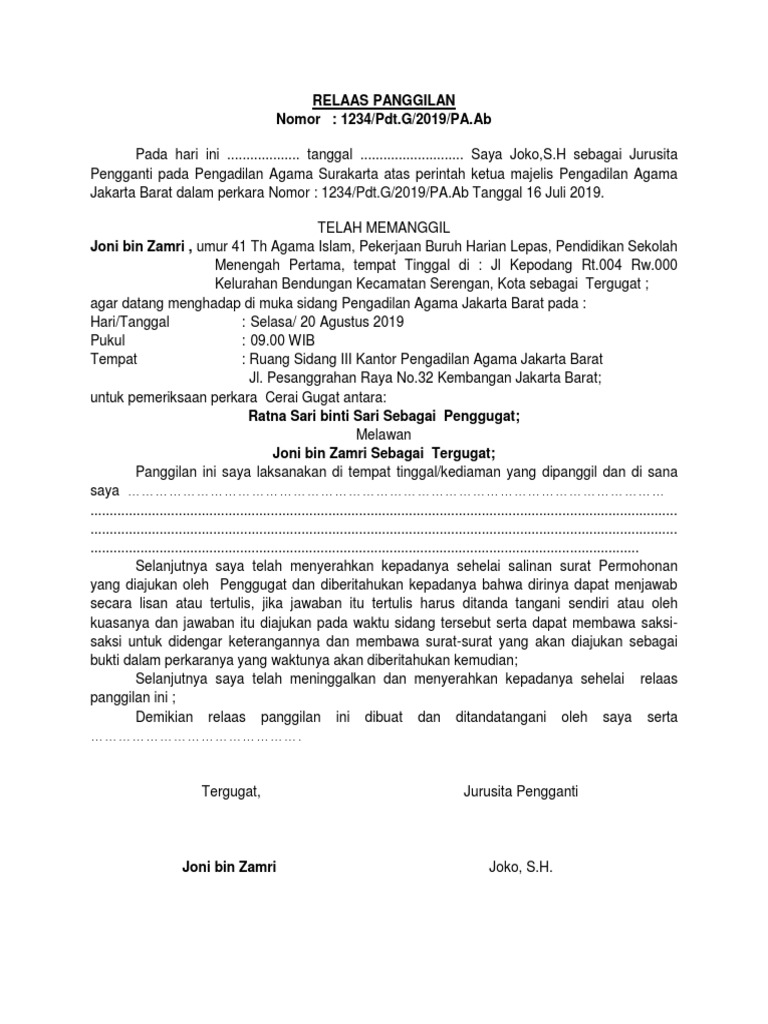 Contoh Surat Panggilan Sidang Cerai