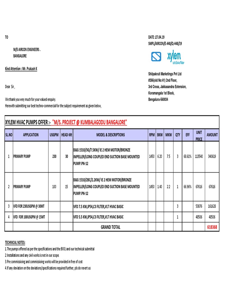 Quotation for HVAC Pumps and VFDs | PDF | Pump | Business