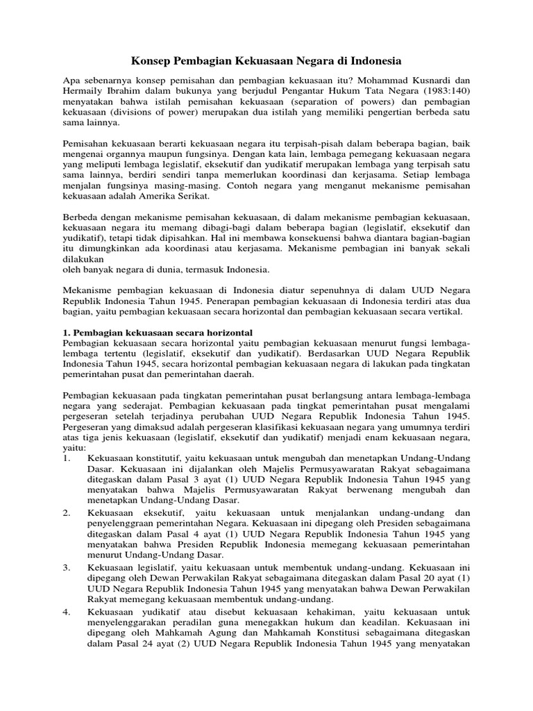 Konsep Pembagian Kekuasaan Negara Di Indonesia PDF