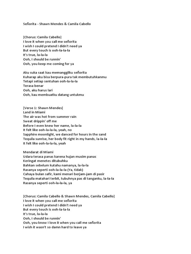 Cara Membaca Lirik Lagu Senorita Arsia Lirik