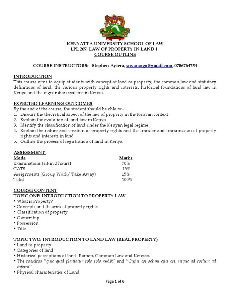 Land Law Course Outline - Kenya | PDF | Real Property | Lease